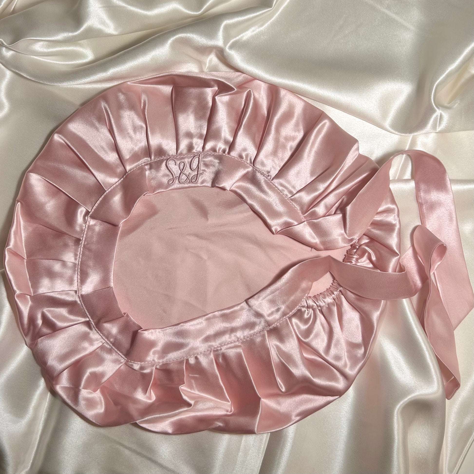 pink mulberry silk bonnet with strings - 22 momme